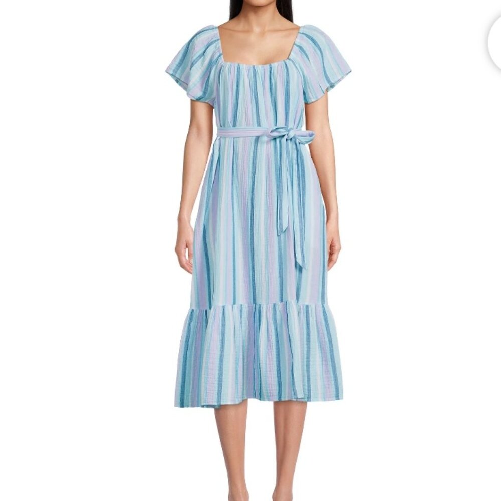 NWT Size Large 12/14 Time and Tru Women's Flutter Sleeve Textured Dress w/ Belt
